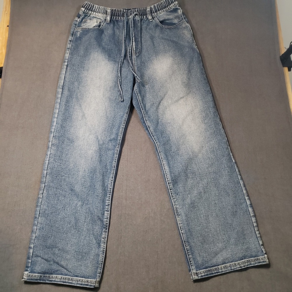 Fashion Nova Men Jeans Mens Large Blue Elastic Waist Drawstring Relaxed JG813